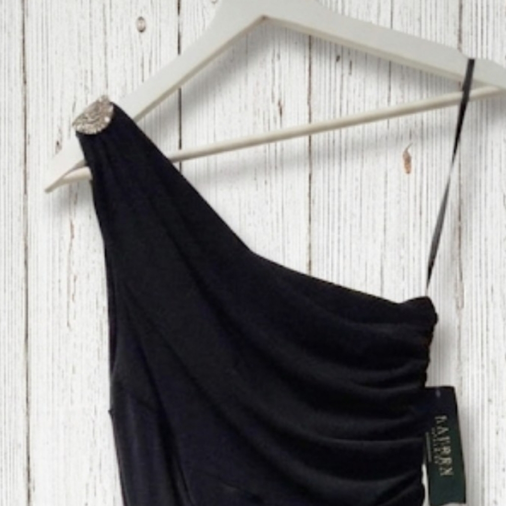 NWT Lauren Ralph Lauren Black One-Shoulder Ruched Gown 4 Tall Friendly Gala - Picture 4 of 16